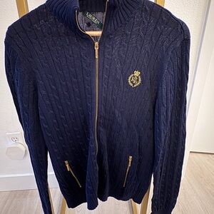 Ralph Lauren Navy Cable Knit High Neck Sweater with Gold Zippers - Size M